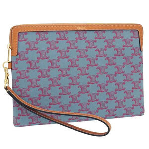 Celine Triomphe Canvas Leather Zip Wristlet Clutch Bag Blue Purple